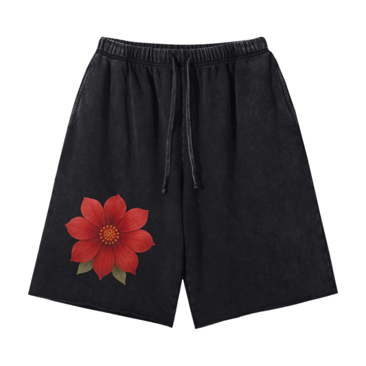 Red Flower Vintage Washed Shorts